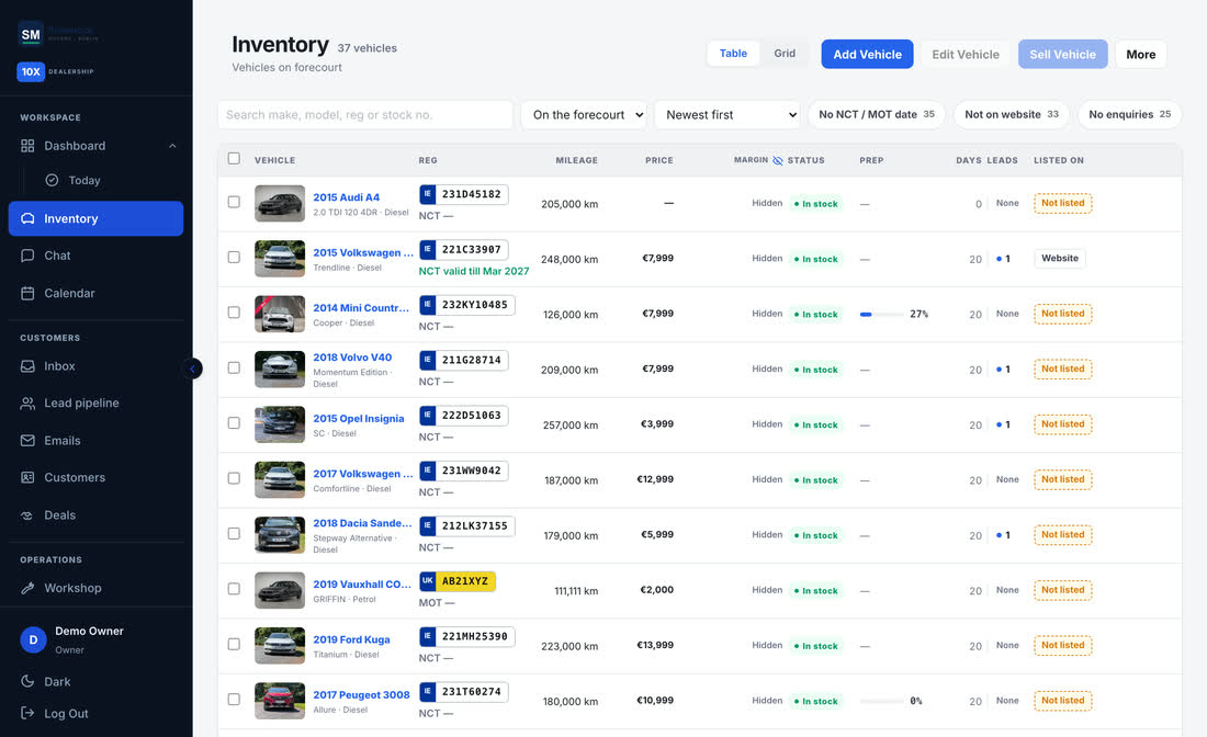 Vehicle stock list inside 10X Dealership