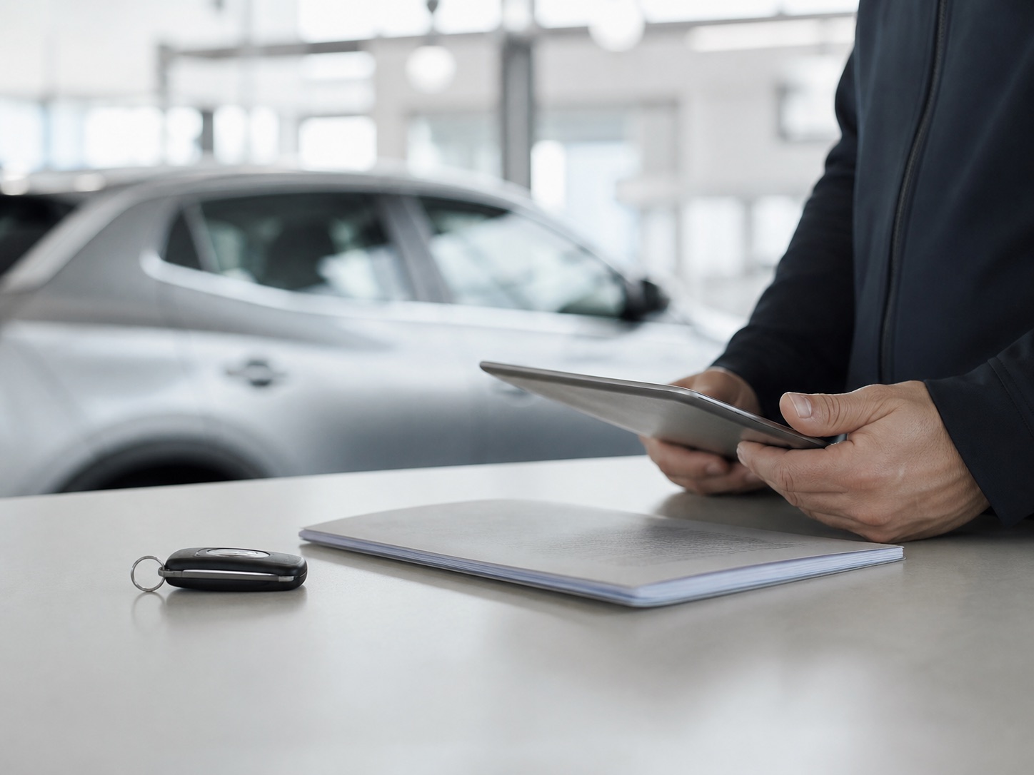 Vehicle key, dealership file and tablet at a handover desk