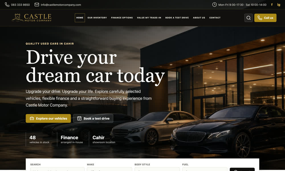 Dealer website design with a showroom hero
