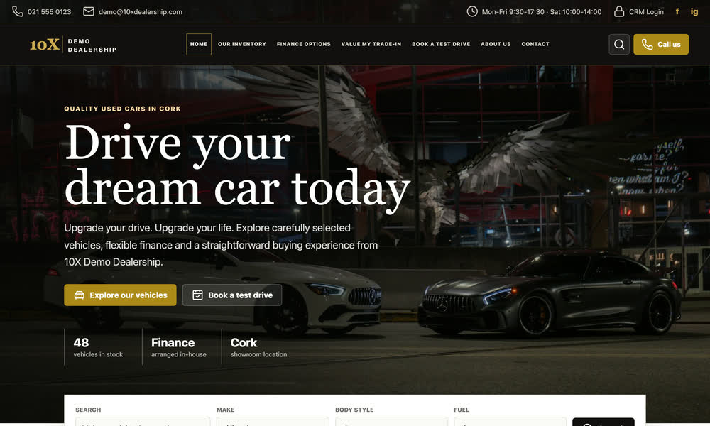 Dealer website design with a night city hero