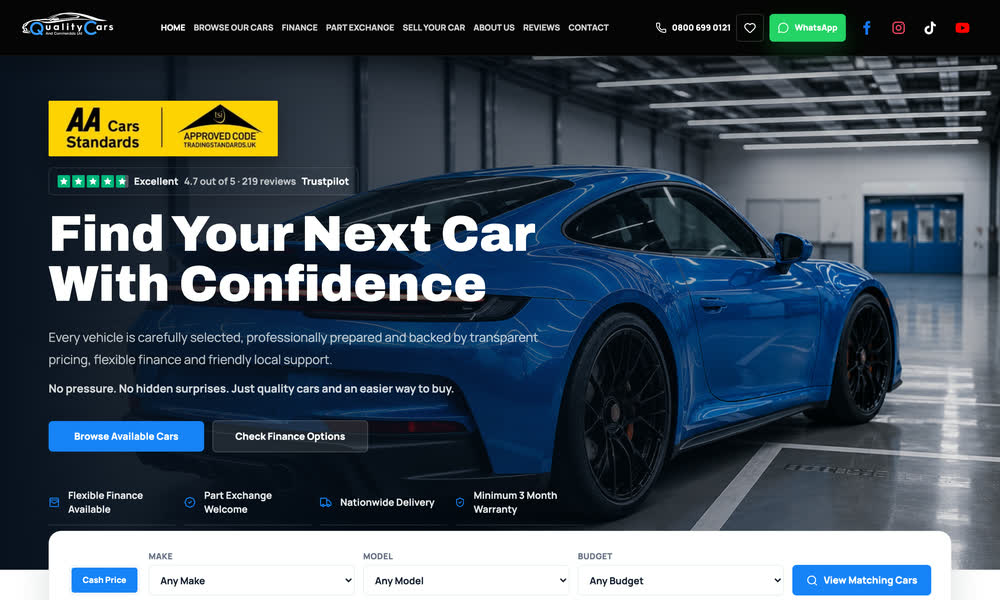 Dealer website with a blue sports car hero
